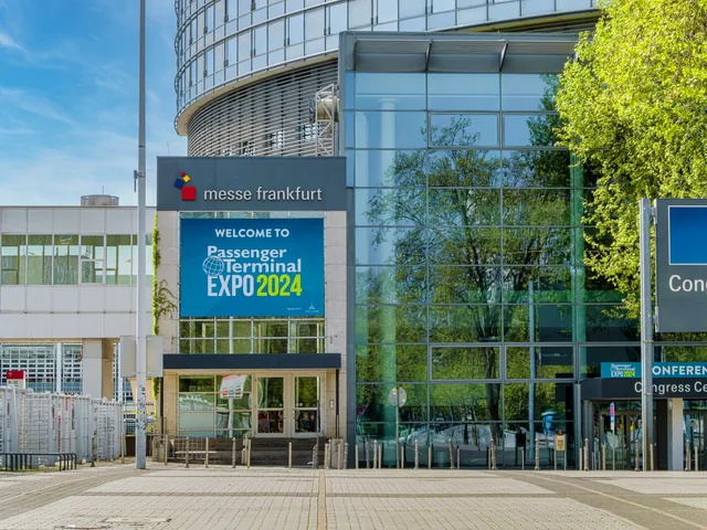 Discover the sleek entrance of Messe Frankfurt during Passenger Terminal Expo 2024. Trade show marketing advertising rules in England: claims, prize draws, consent and stand risk