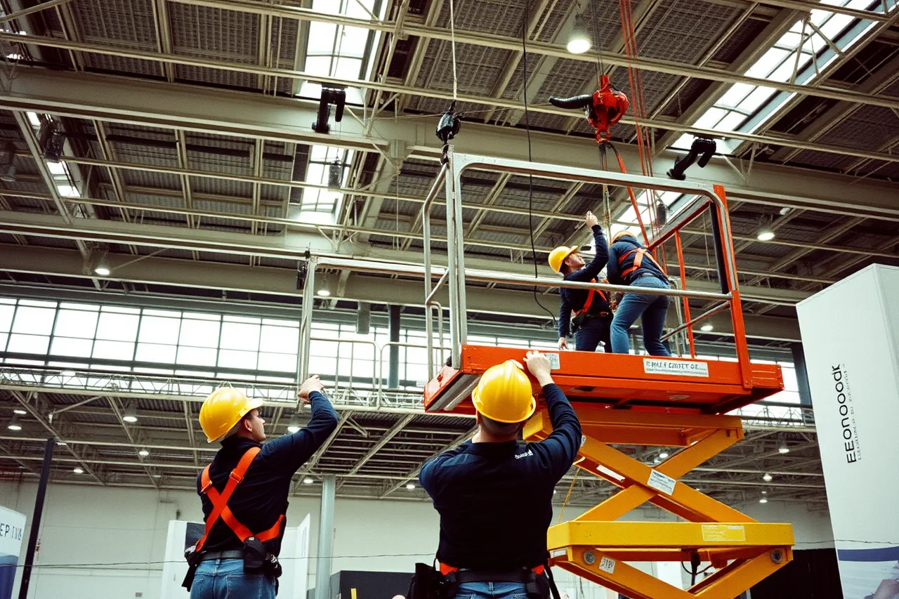 Workers building an exhibit stand at height in a hall (Quoted price or final invoice, trade show marketing hidden costs)